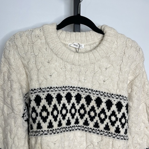 MANGO Women's Jacquard Knitted Sweater White Black Sz XL Fair Isle Cable Knit - Picture 3 of 12